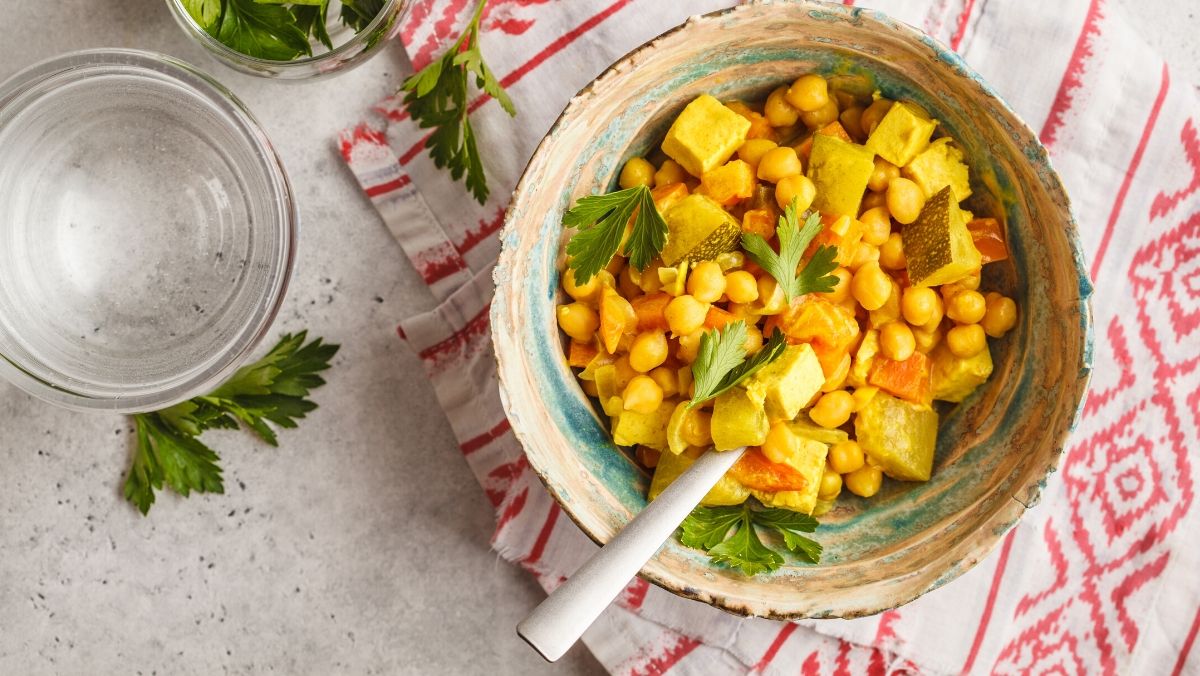 plant-based chickpea curry with coconut milk and coriander