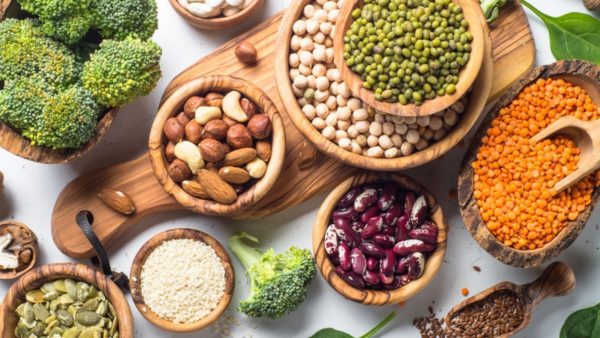 plant-based protein sources from vegetables, legumes, nuts, and seeds