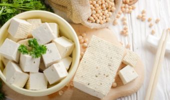 soybean curd tofu in a bowl on a wooden kitchen table