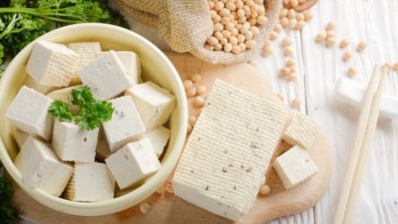 soybean curd tofu in a bowl on a wooden kitchen table