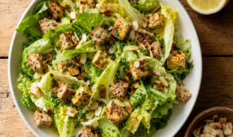 tofu salad recipe plant based with almonds and croutons
